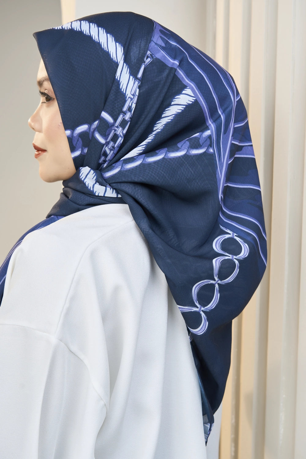 Chain printed bawal tudung side profile styled — Hana