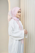 Misty Rose printed bawal tudung side profile full length — Hana