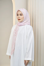 Misty Rose tudung bawal front view styled with white outfit — Hana