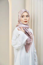 Rosy Brown printed bawal tudung full length side — Hana