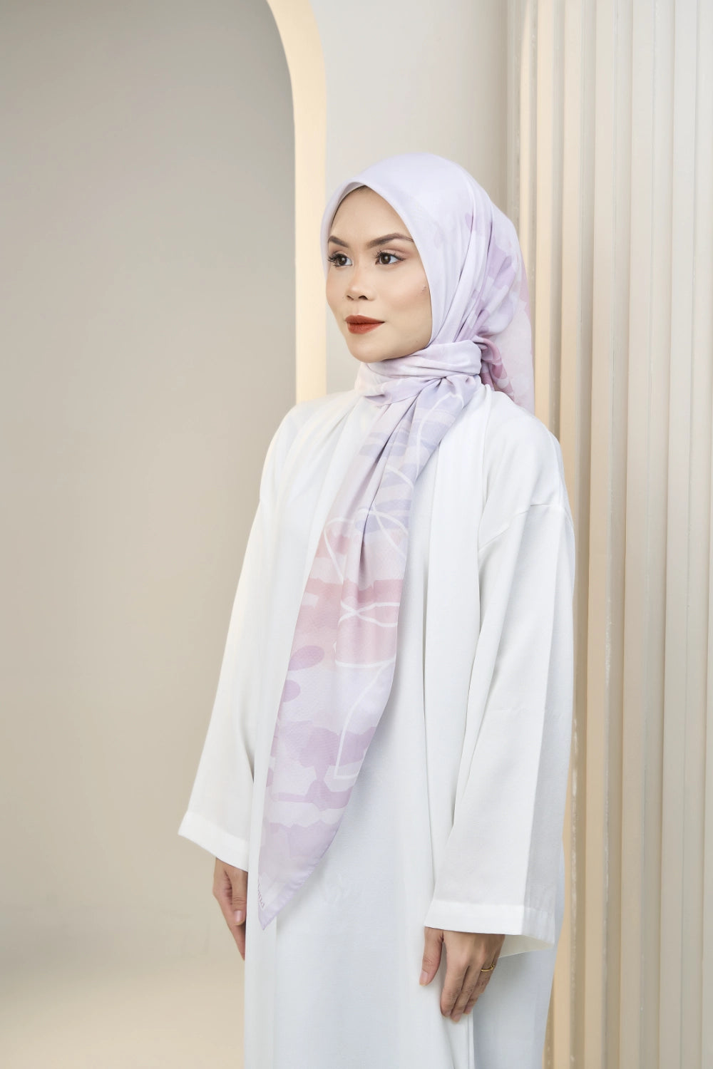 Thistle printed bawal tudung side profile full length — Hana