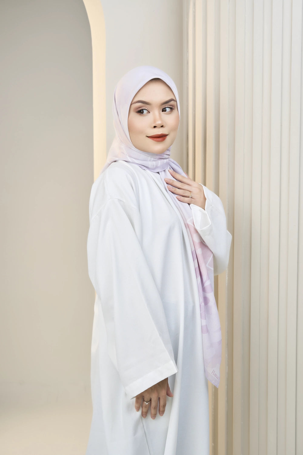 Thistle printed bawal tudung front view — Hana