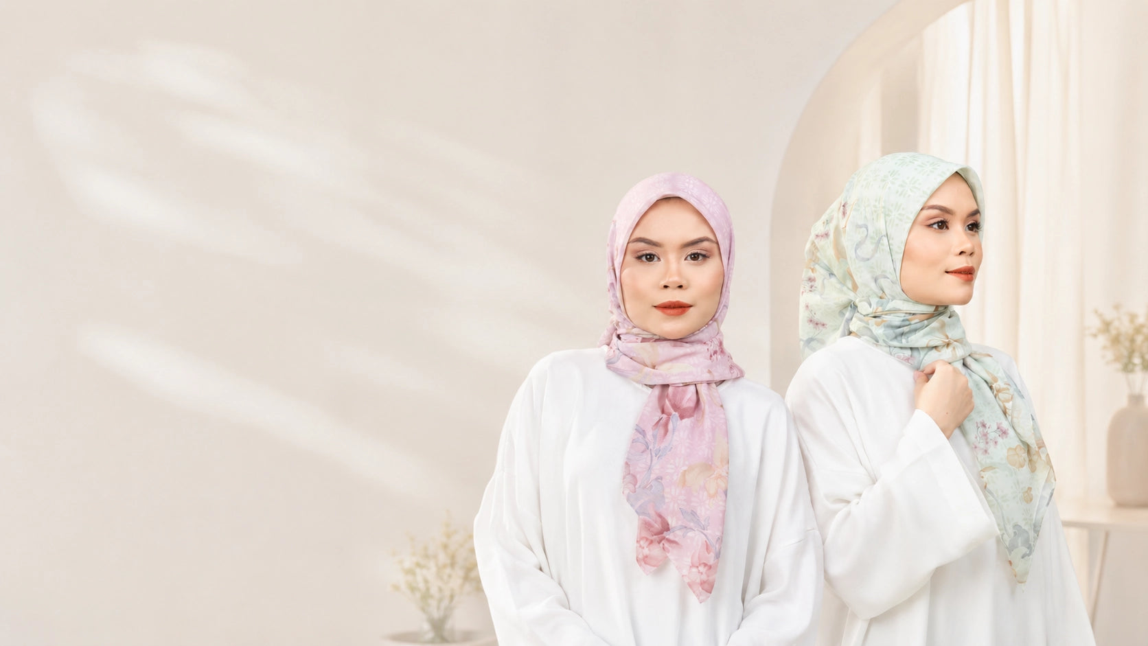 Hana Dahlia Collection tudung bawal Dusty Pink and Darksea Green — two models neutral background