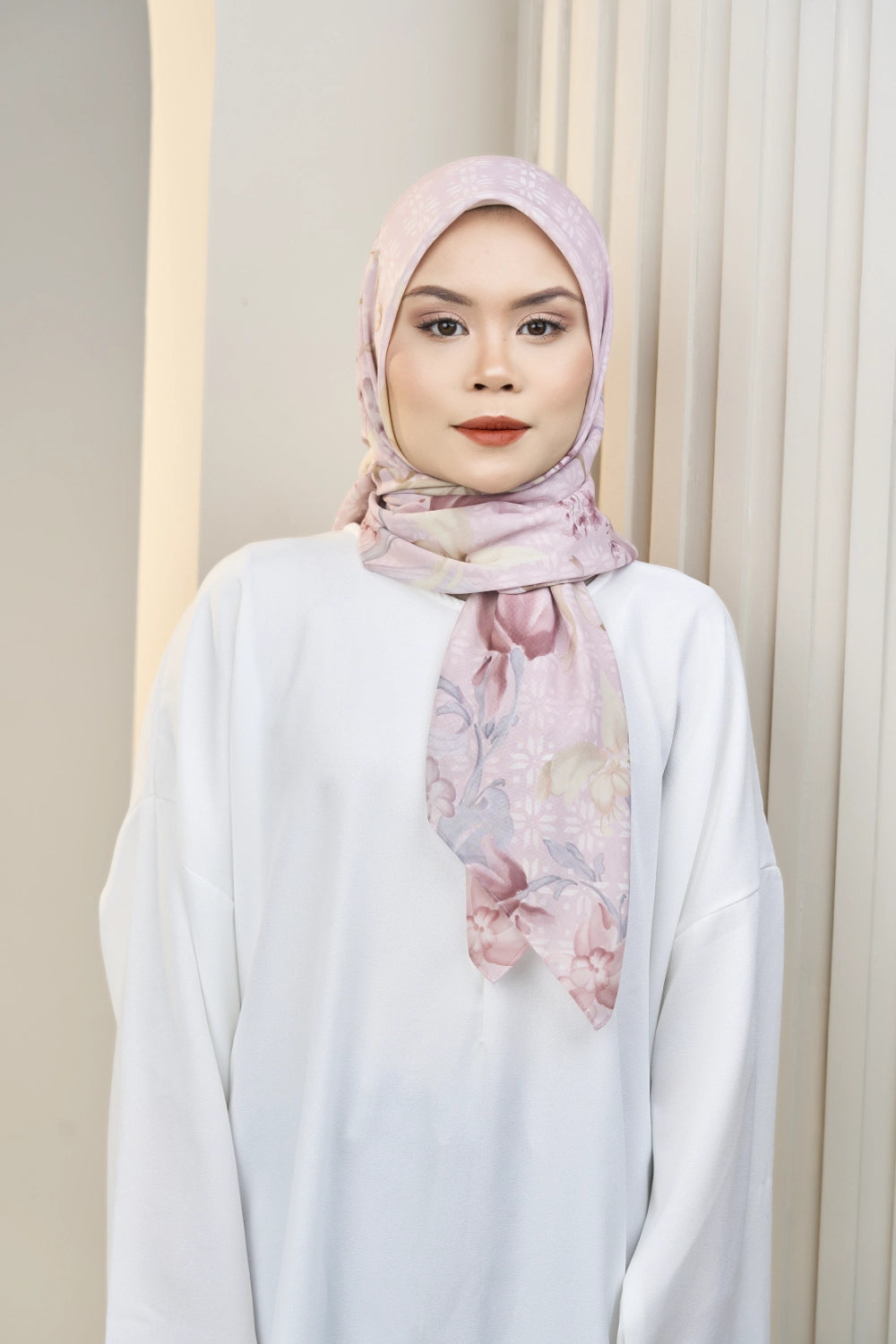 Dusty Pink printed bawal tudung front view styled — Hana