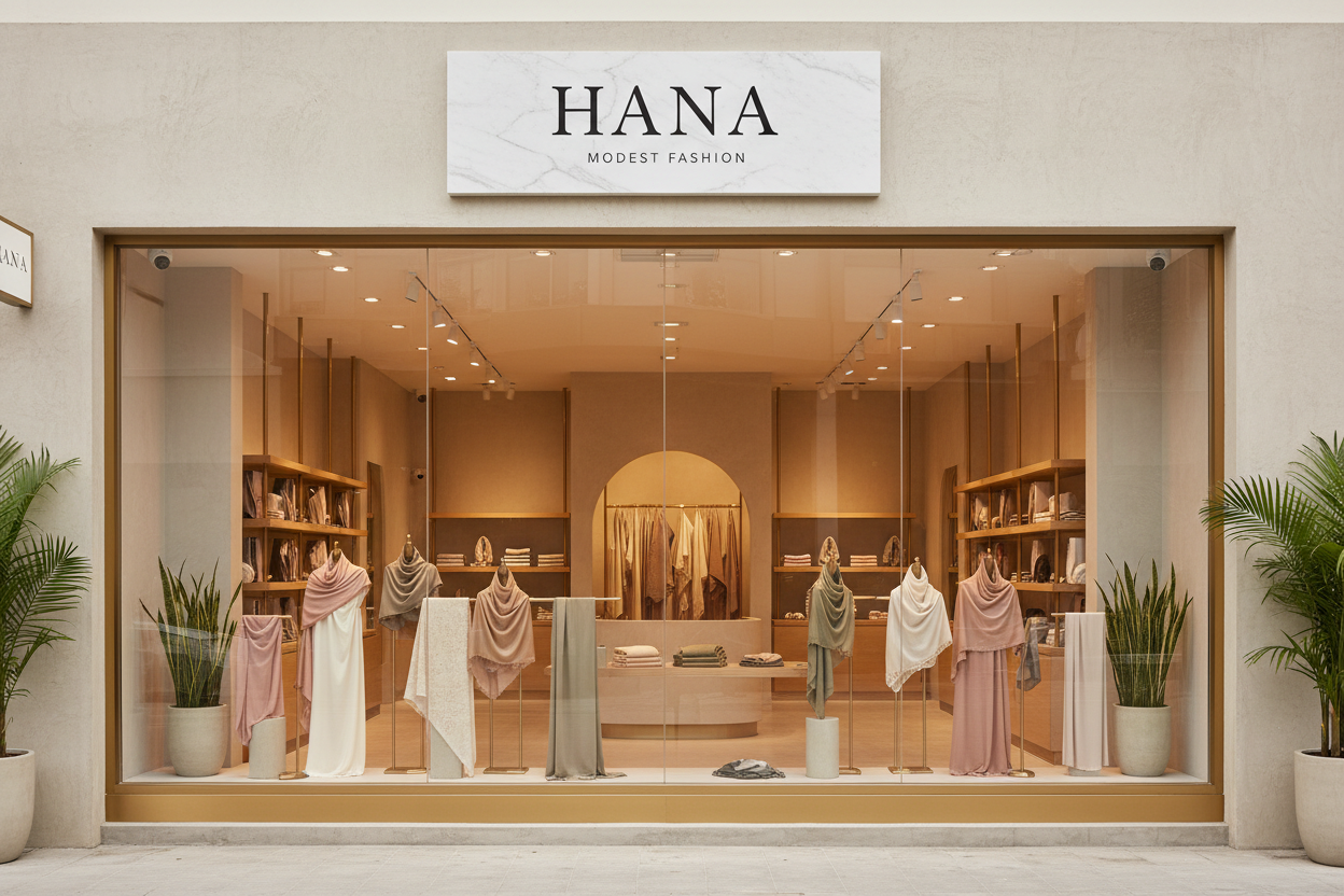 HANA Modest Fashion store front with clothing displayed in the window.